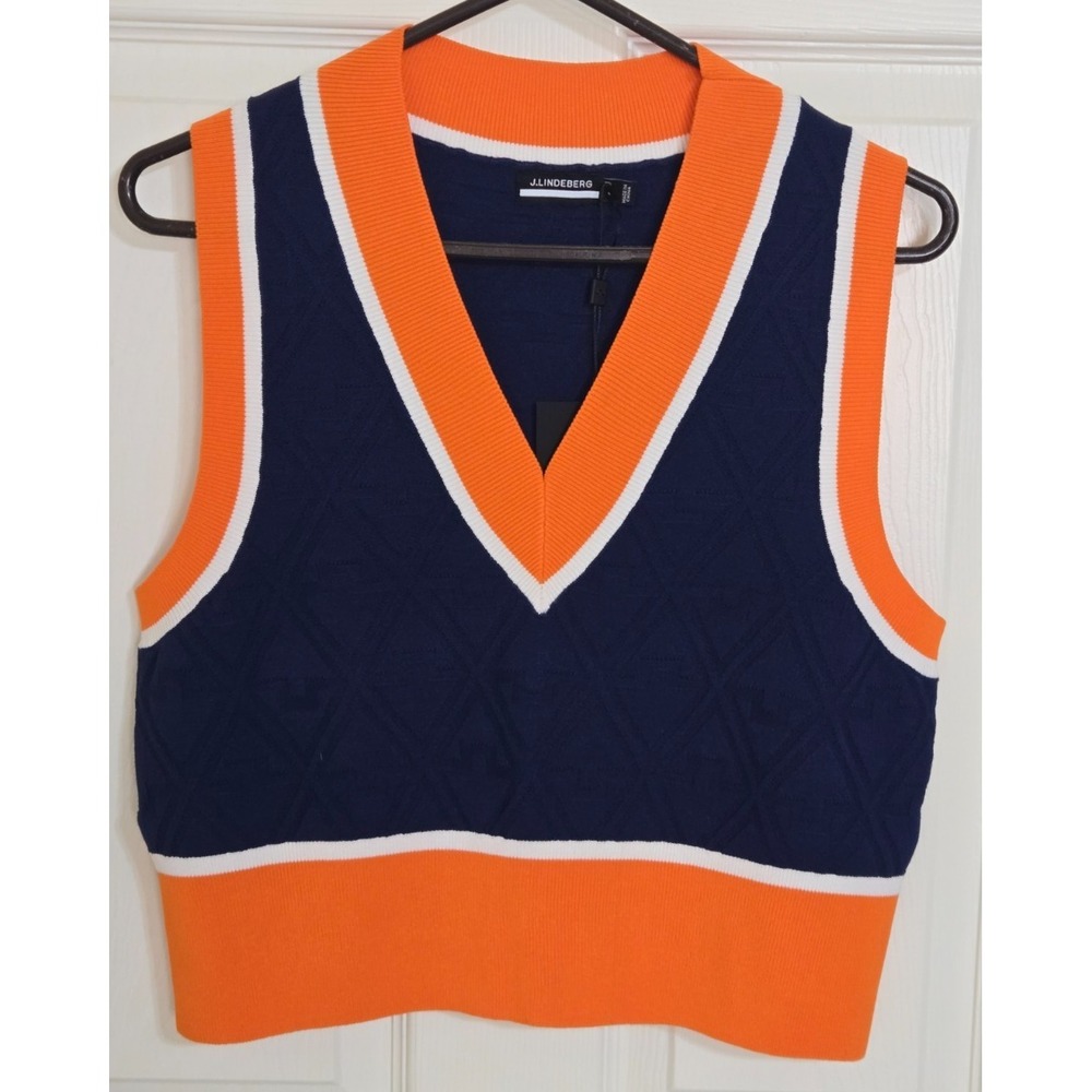 J. Lindeberg Barbados Knitted Vest Women's S Estate Blue (Navy/Orange) NWT